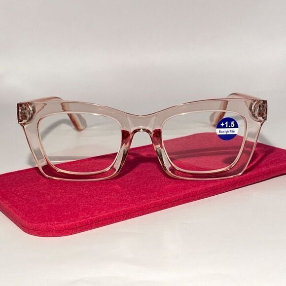 1290 Gretchen Reading Glasses 1.5 Square Clear Pink Frames Oversize NWT - Picture 2 of 9